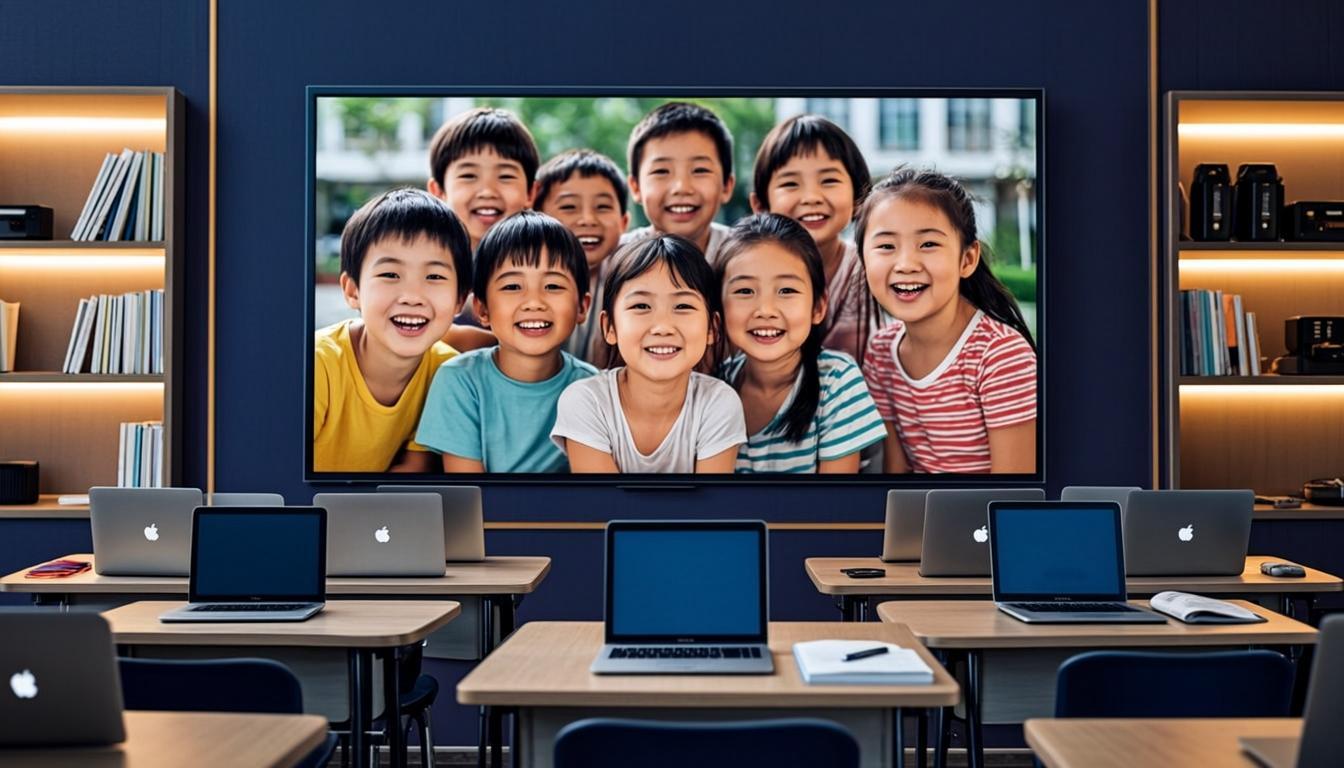 Atelier numérique connecté de l'école avec écran de visioconférence