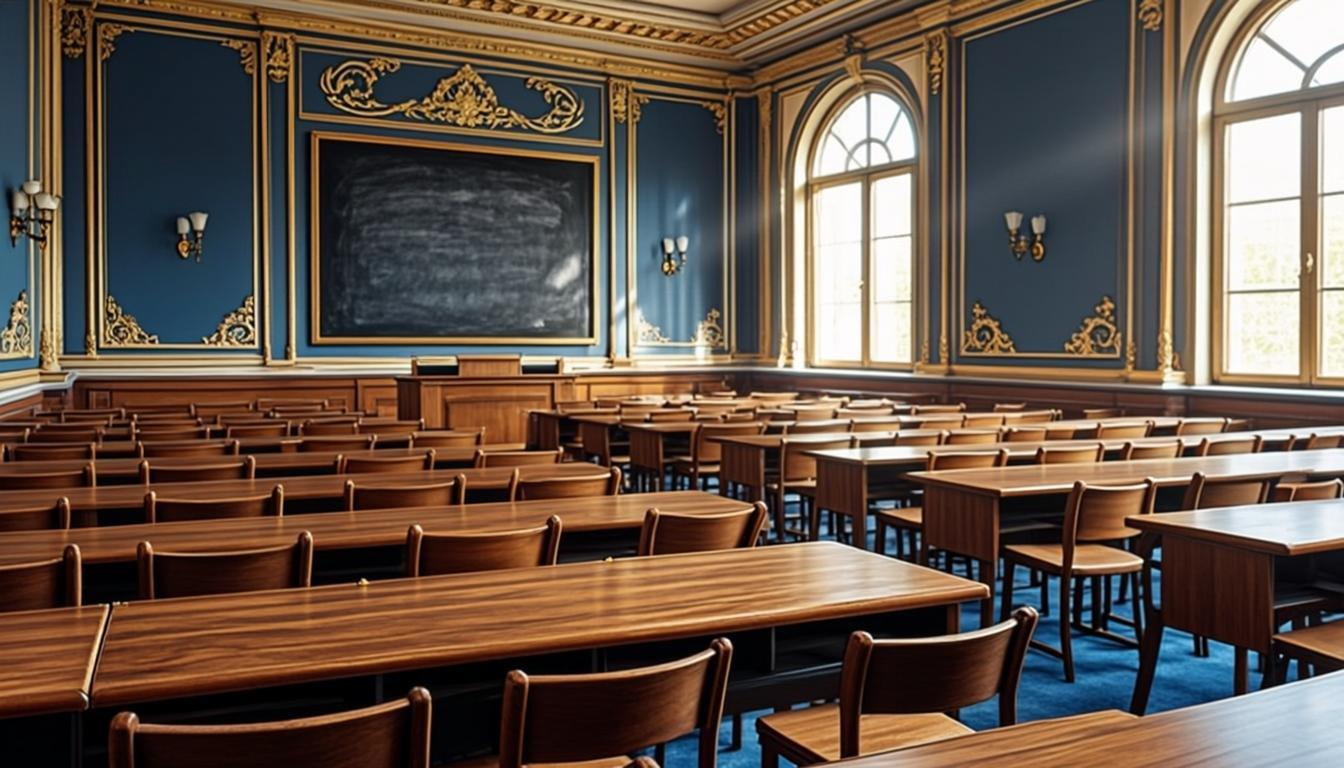 Salle de classe royale de l'école, bleu marine et or